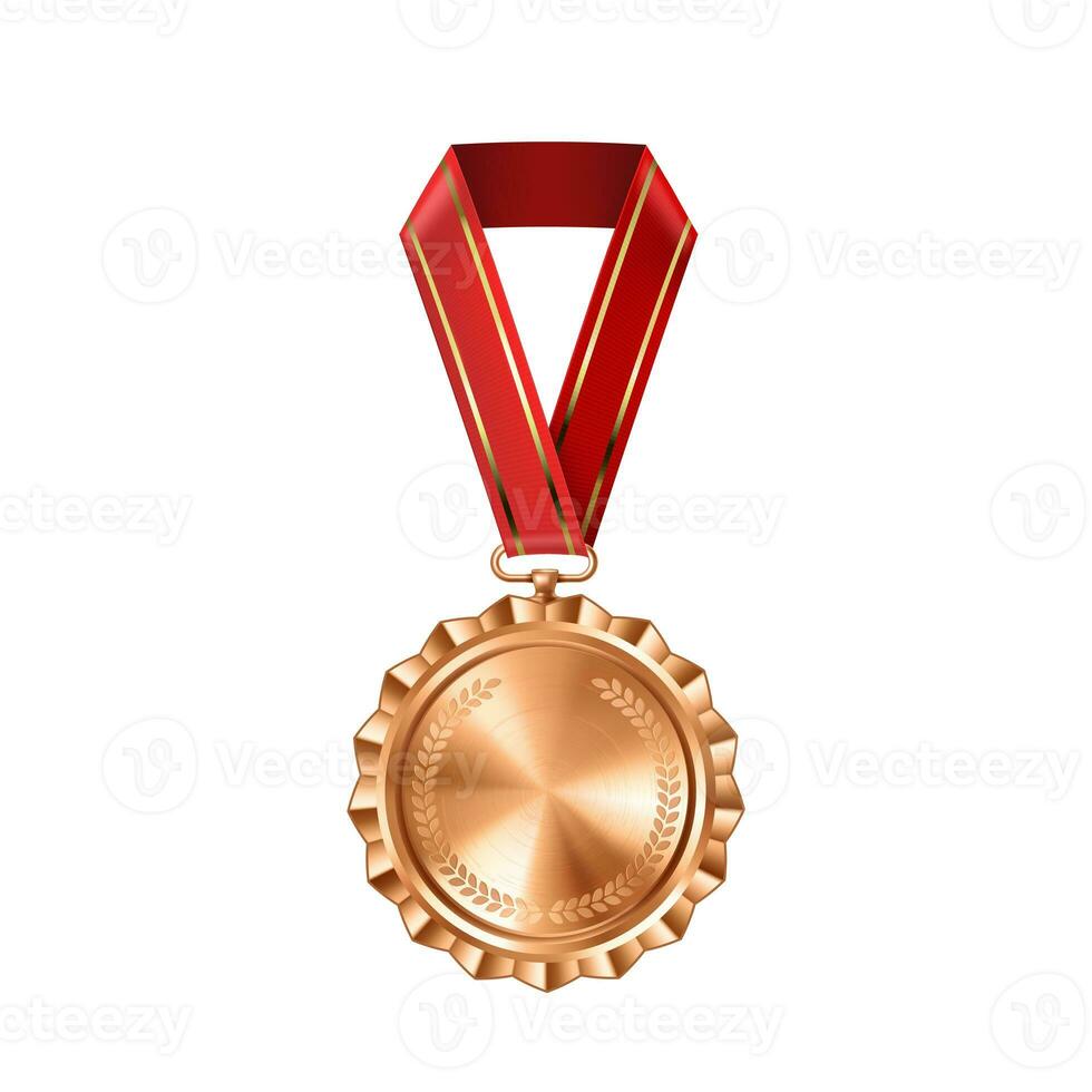 realistico bronzo vuoto medaglia su rosso nastro. gli sport concorrenza premi per terzo posto. campionato ricompensa per vittorie e realizzazioni foto