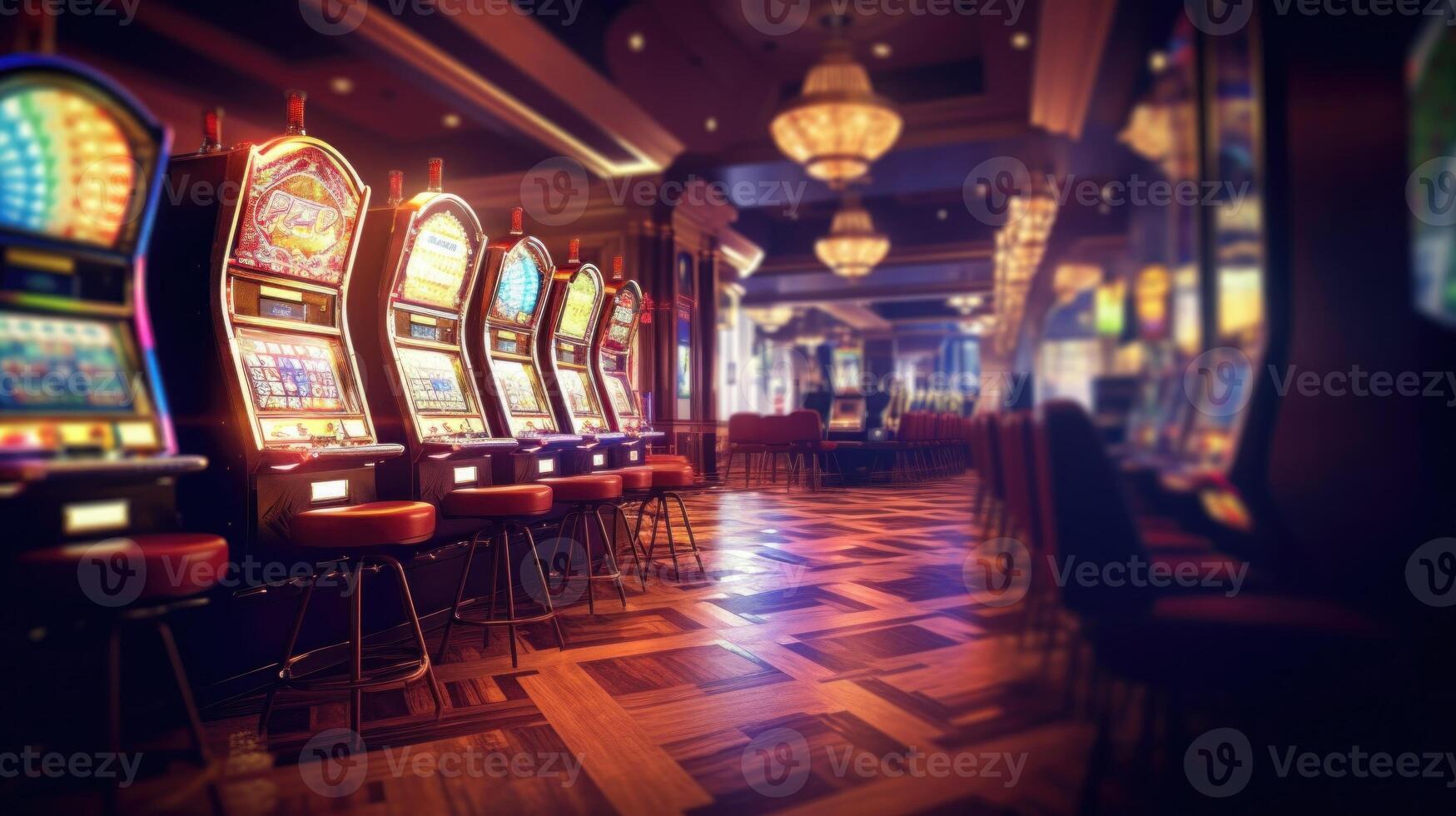 retrò styled casinò interno con casinò fessura macchine ornato con ipnotizzante neon luci. generativo ai. foto