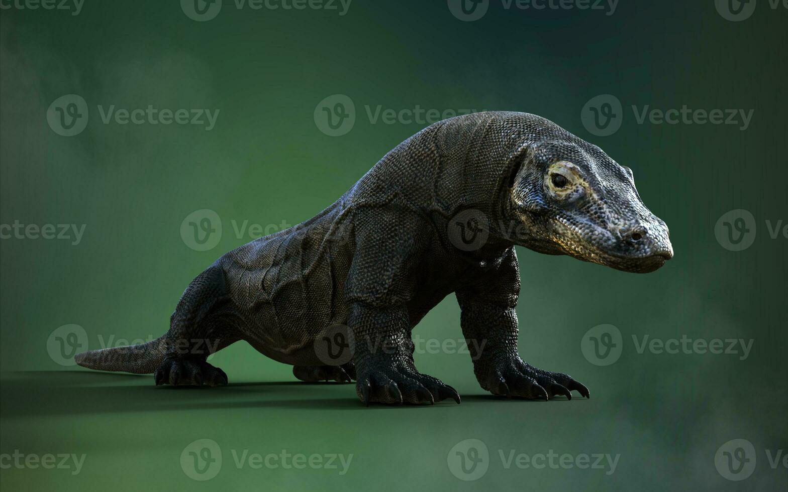 3d interpretazione di un' komodo Drago isolato su verde sfondo con ritaglio sentiero. foto