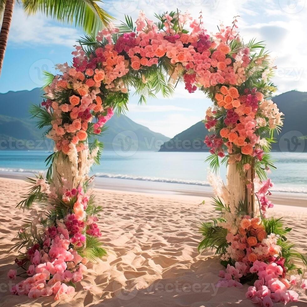 nozze arco con rosa hawaiano fiori su un' sabbioso spiaggia, ai generativo foto