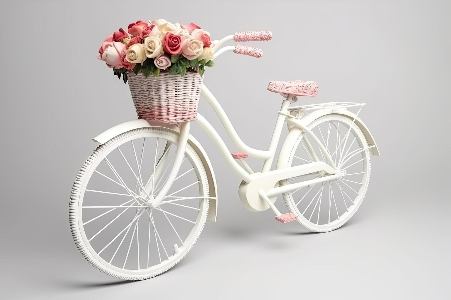 un' bicicletta con un' cestino e fiori, un' affascinante scena ai generato foto