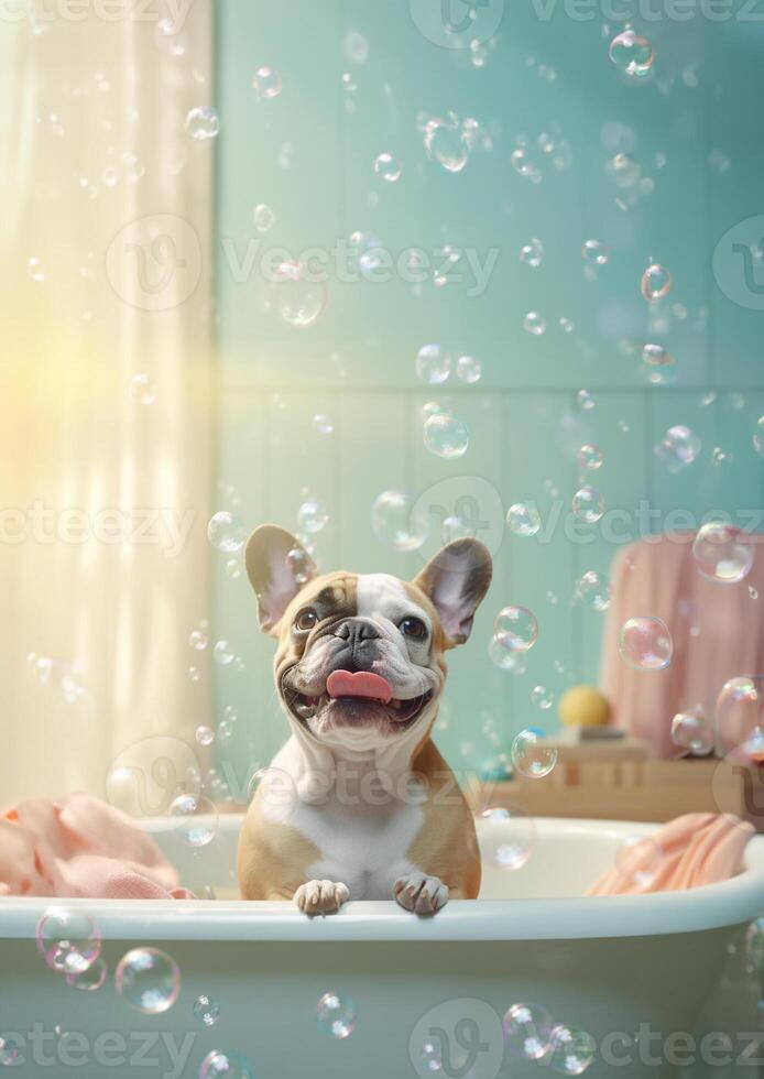 carino francese bulldog cane nel un' piccolo vasca da bagno con sapone schiuma e bolle, carino pastello colori, generativo ai. foto