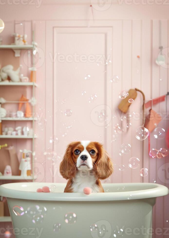 carino cavaliere re charles spaniel cane nel un' piccolo vasca da bagno con sapone schiuma e bolle, carino pastello colori, generativo ai. foto