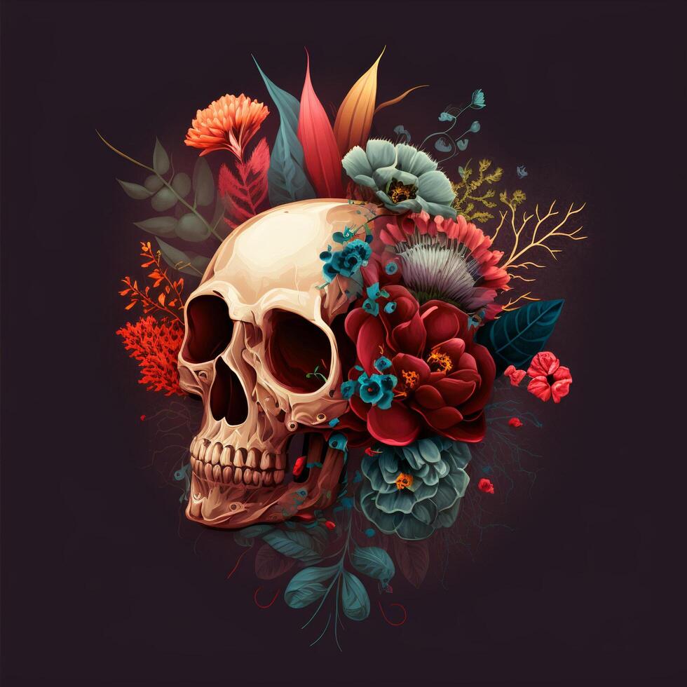 cranio decorazione con fiore o floreale, ai generato foto