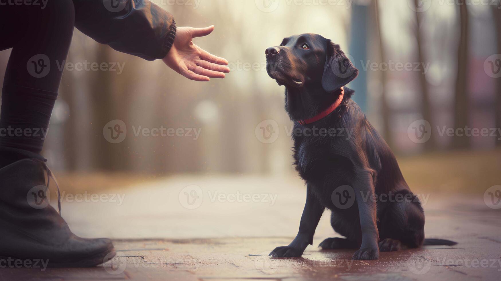 un' uomo dà il suo mano per un' cucciolo su il strada. generativo ai. foto