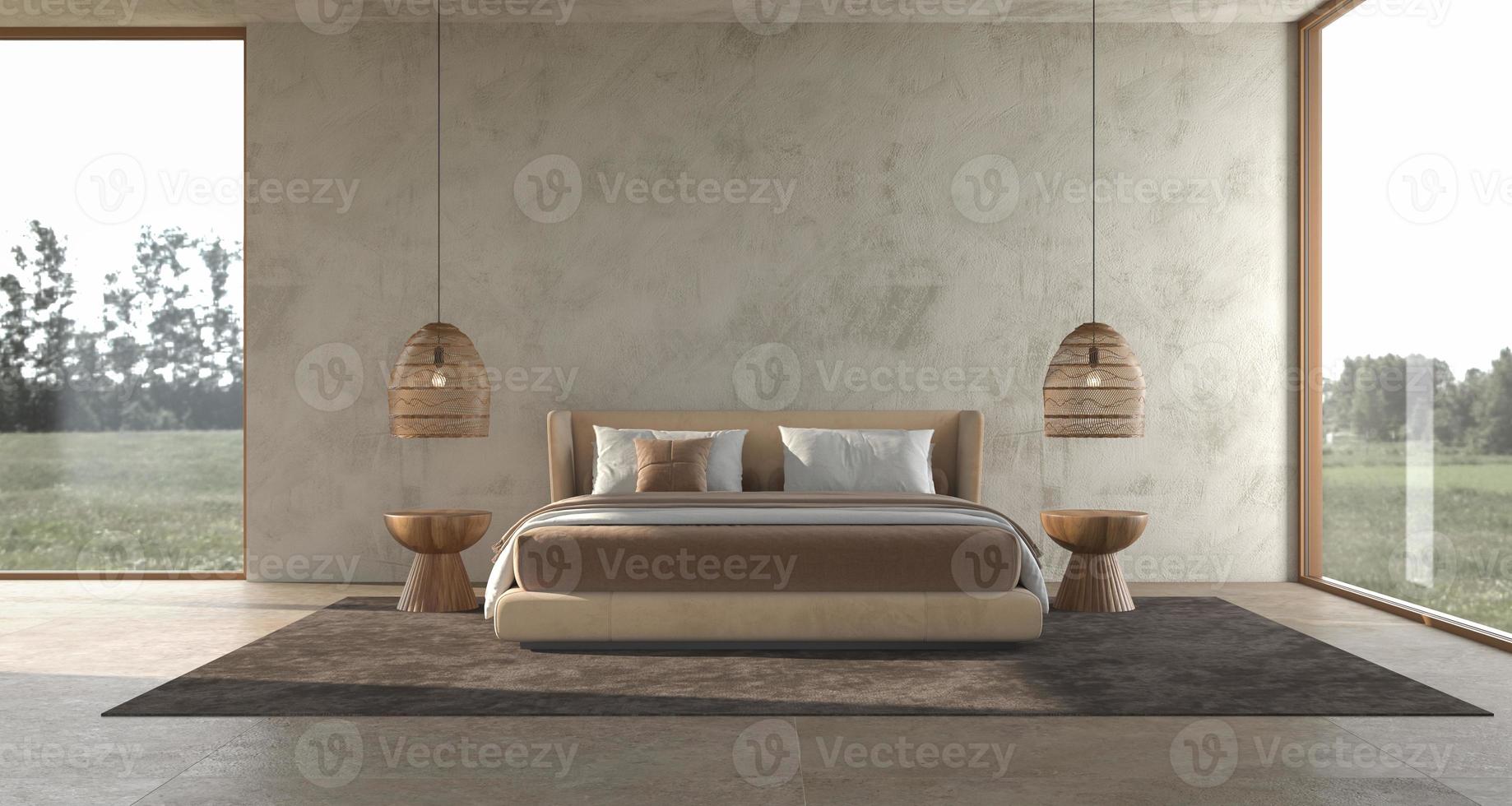 minimalismo moderno camera da letto interna design scandinavo con parete in stucco mock up foto