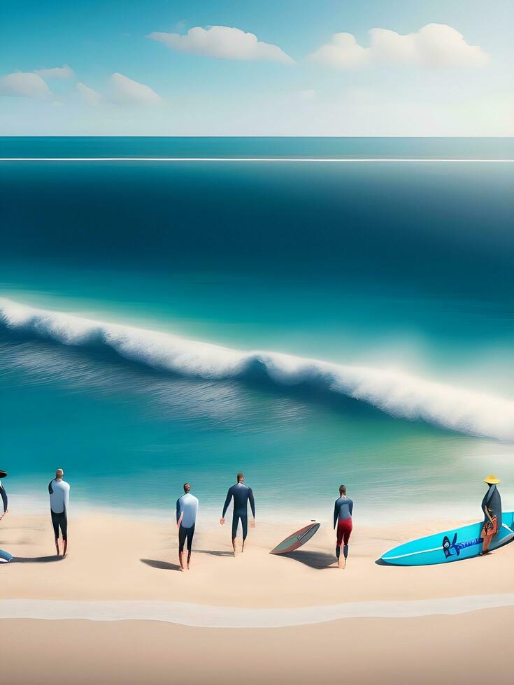 realistico mare onde con surfers su il spiaggia. generativo ai foto