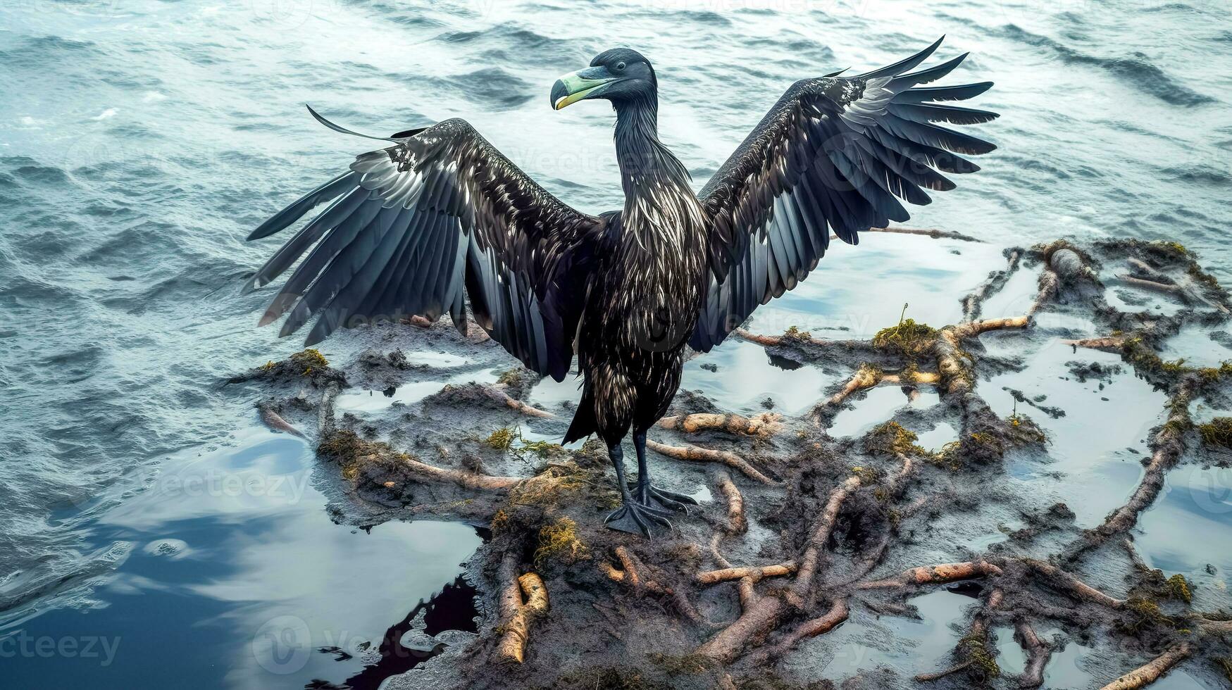 grande cormorano su il oceano costa, fatto con generativo ai foto