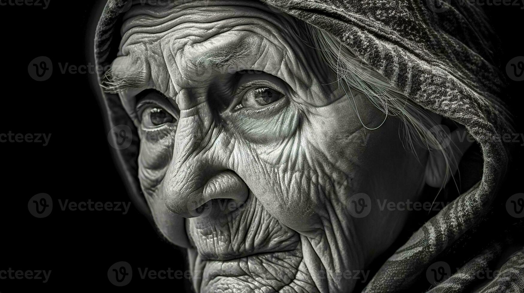 il concetto di vecchio le persone, un' ritratto di un' nonna con un' rugosa viso, monocromatico fatto con generativo ai foto