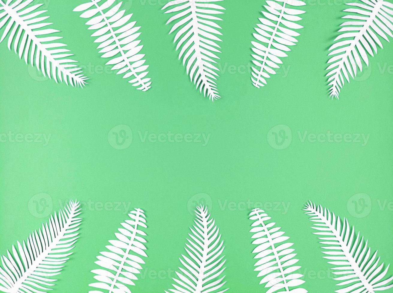 foglie di carta tropicale su sfondo verde, distese piatte con spazio di copia. foto