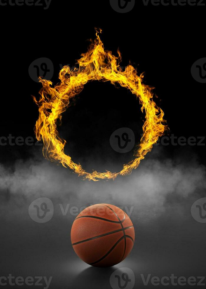 pallacanestro palla e squillo, di fuoco nel nero Fumo sfondo foto