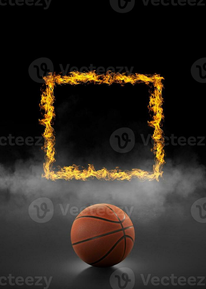 pallacanestro palla e quadrato, di fuoco nel nero Fumo sfondo foto