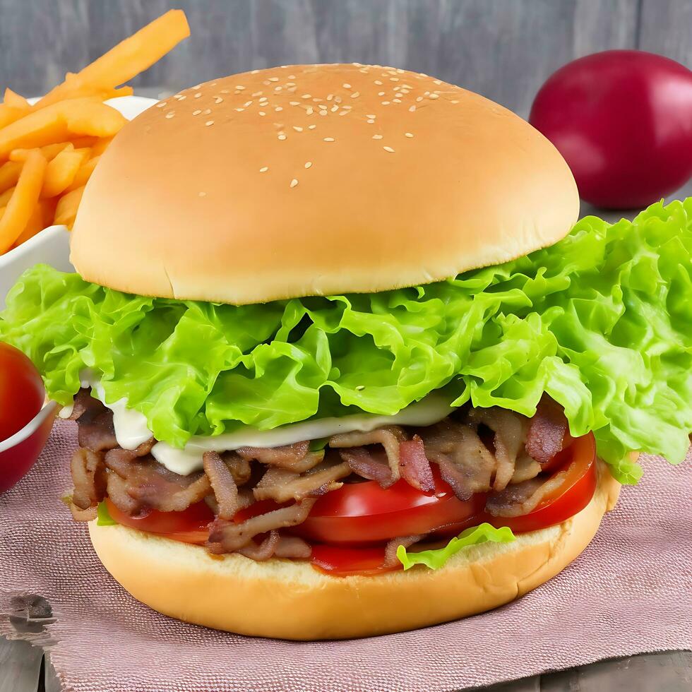 gratuito foto grande Sandwich - Hamburger hamburger con manzo, rosso cipolla, pomodoro e fritte Bacon