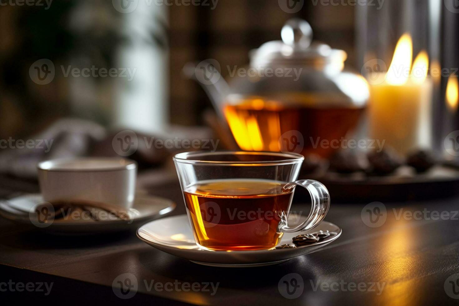 cottura a vapore tazza di classico nero Tè, medio angolo sparo, ai generato foto