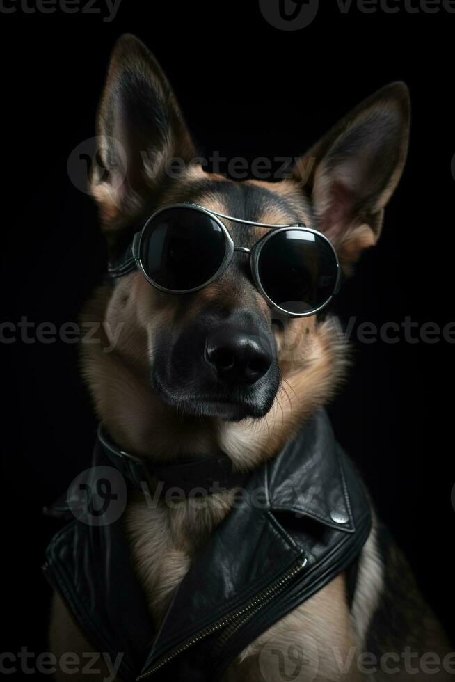 freddo cane con occhiali da sole e pelle giacca su nero sfondo. alla moda aspetto esteriore, essere di tendenza. stile e moda. elegante animale domestico. cane capo, divertente animale domestico. generativo ai. foto