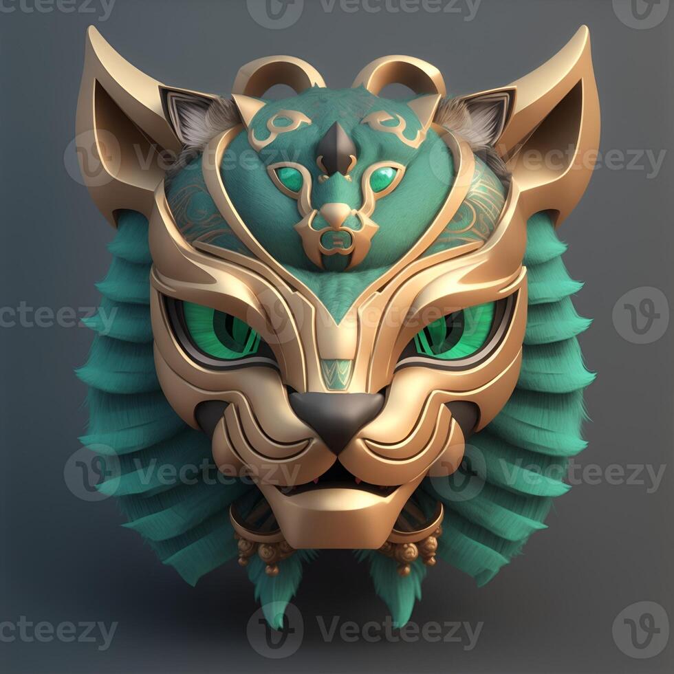 gatto Quetzalcoatl testa, simmetrico, piatto icona disegno, 3d rendere foto