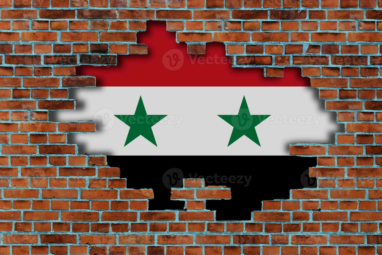 3d bandiera di Siria dietro a il rotto vecchio pietra parete sfondo. foto