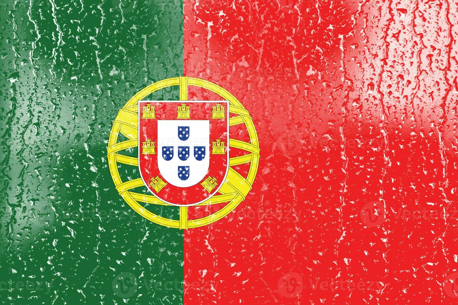 3d bandiera di Portogallo su un' bicchiere con acqua far cadere sfondo. foto