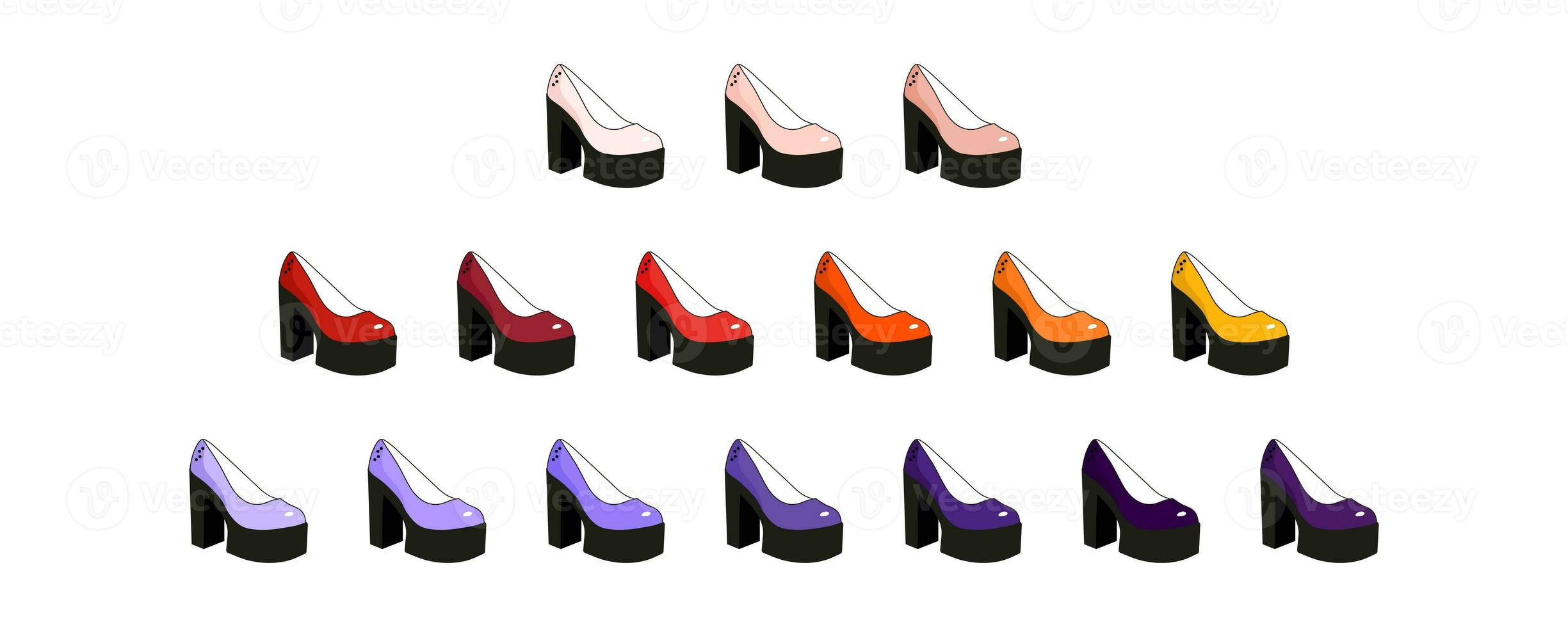 colore alto tacco scarpe. collezione, impostato di simboli e associazioni di femminismo. Da donna diritti giorno, internazionale Da donna giorno. foto