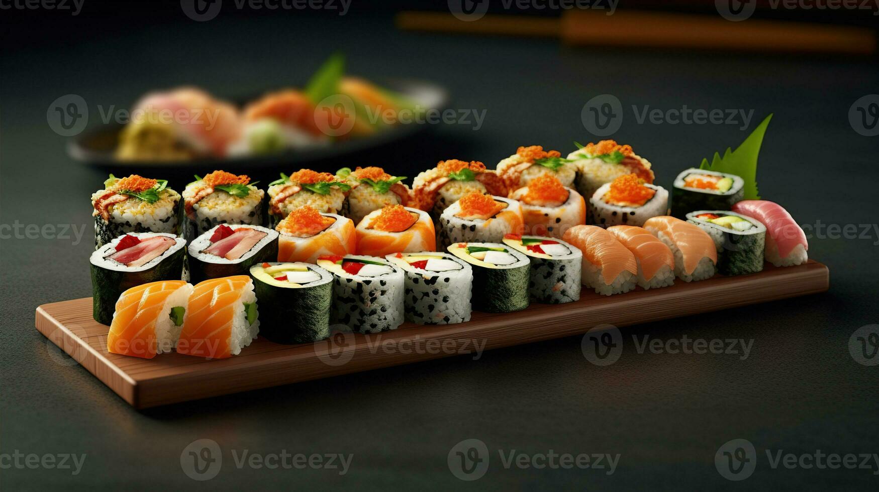 Sushi menù. rotolo con salmone, avocado, cetriolo. giapponese cibo. creato con generativo ai foto