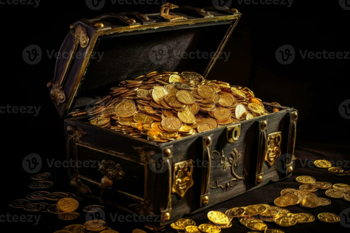 vecchio Aperto pirata Tesoro il petto pieno di d'oro monete. generativo ai foto