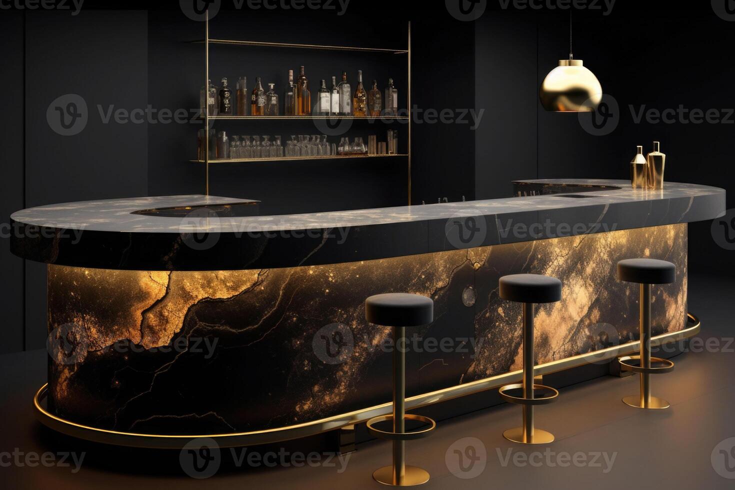 moderno nero bar contatore con oro accenti. generativo ai foto