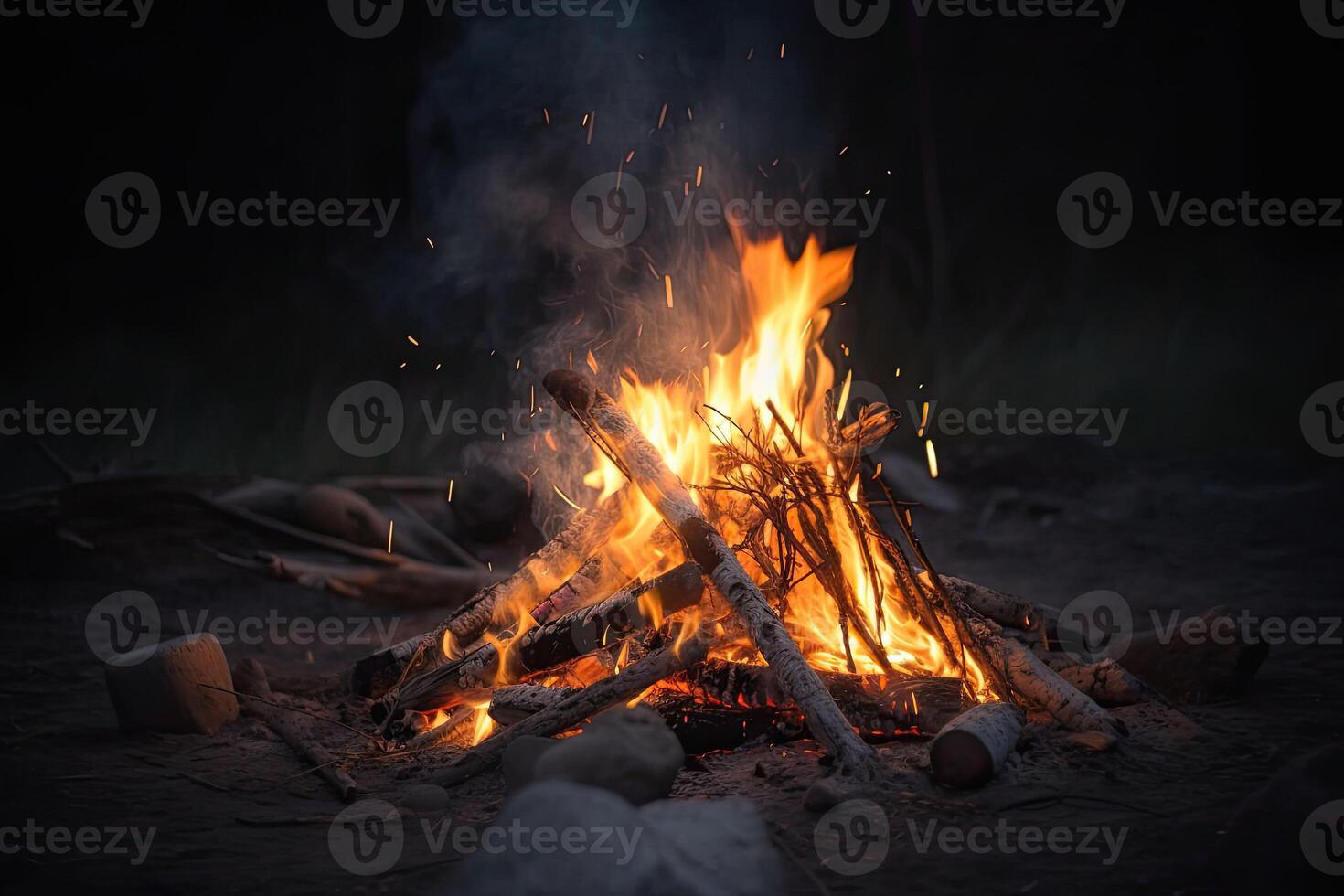 fuoco di bivacco a turistico campo nel il notte. fiamma e fuoco scintille su buio sfondo. generativo ai foto