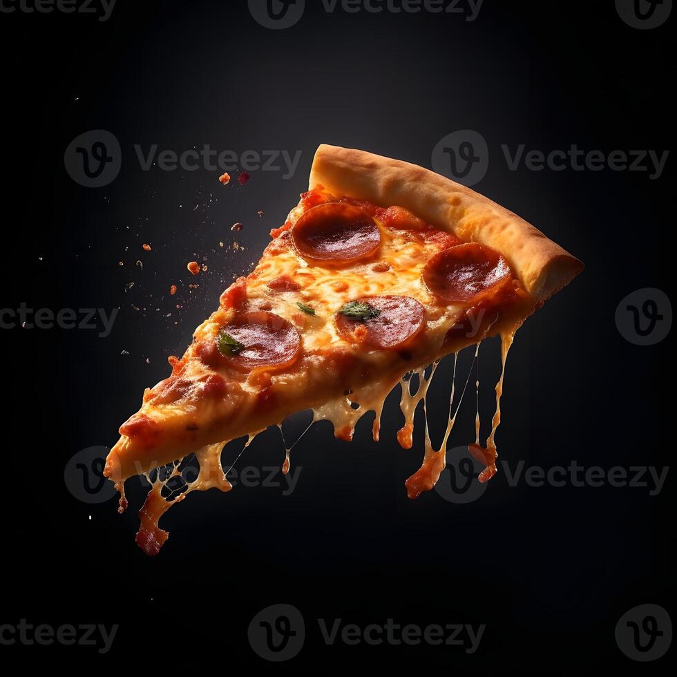 Pizza fetta e caldo Pizza su nero sfondo, generativo ai foto