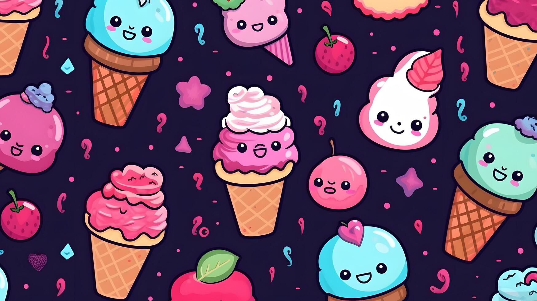 carino cartone animato ghiaccio creme su bianca sfondo nel Giappone kawaii stile foto