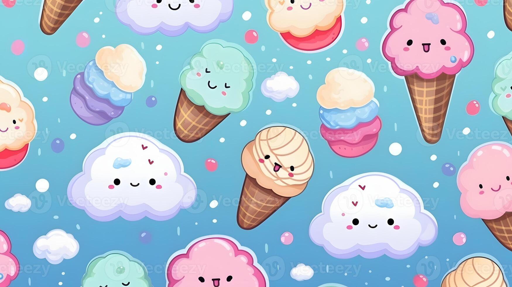 carino cartone animato ghiaccio creme su bianca sfondo nel Giappone kawaii stile foto