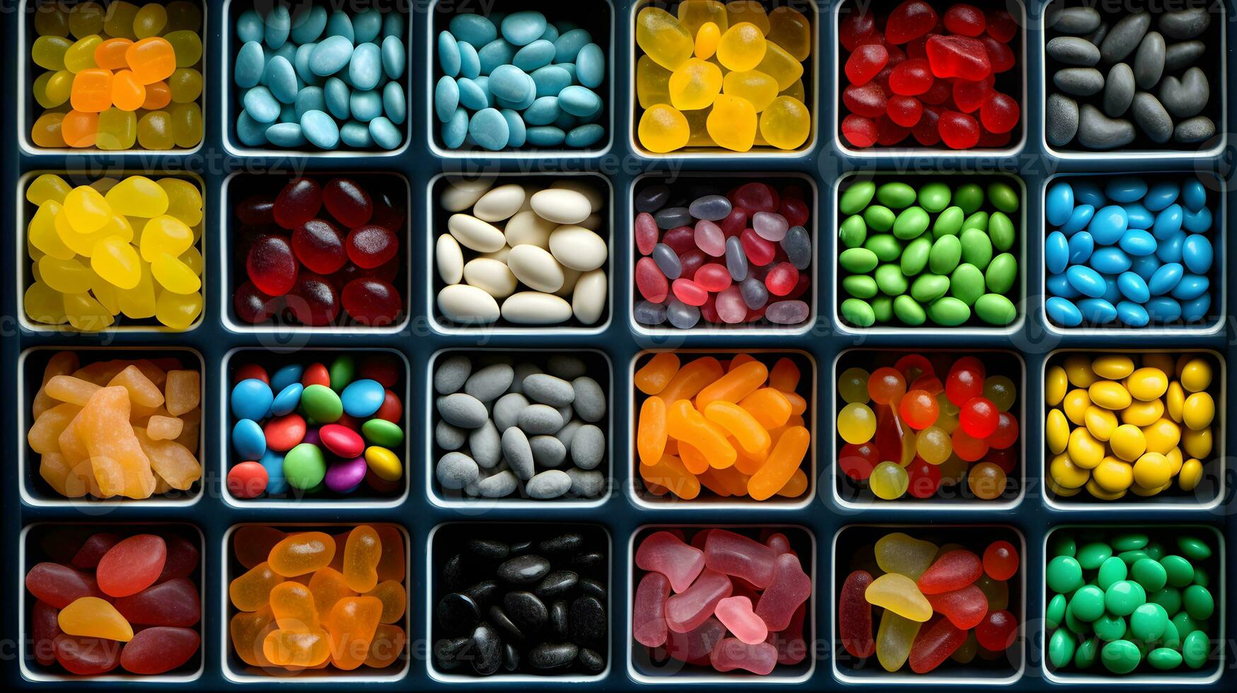 un assortimento di diverso colorato gommoso caramelle nel piazza vassoi. foto
