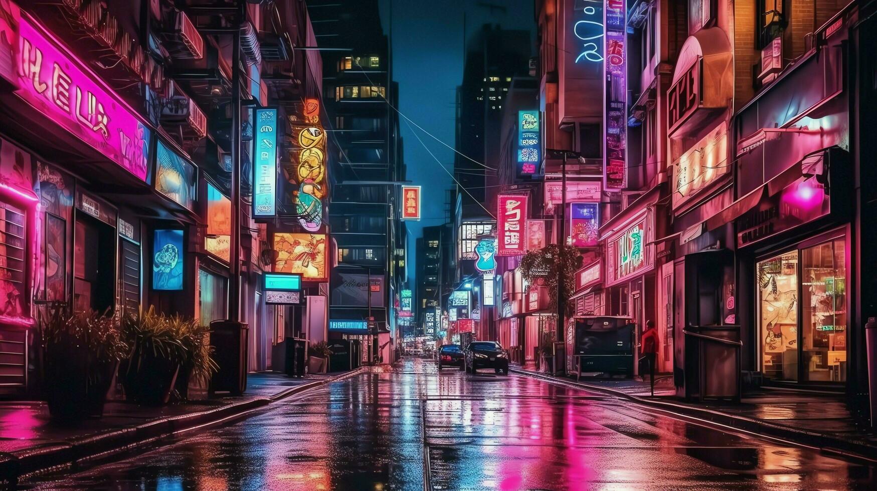 notte scena di dopo pioggia città nel cyberpunk stile, futuristico nostalgico anni 80, anni 90. neon luci vivace colori, fotorealistico orizzontale illustrazione. ai generato foto