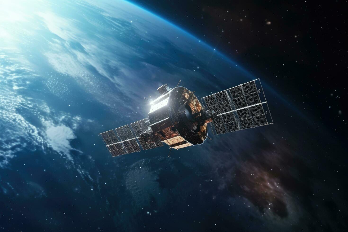 spazio satellitare in movimento esterno il spazio con terra pianta sfondo, satellitare orbita per invio segnali per terra, navicella spaziale sci fi tour, con generativo ai. foto