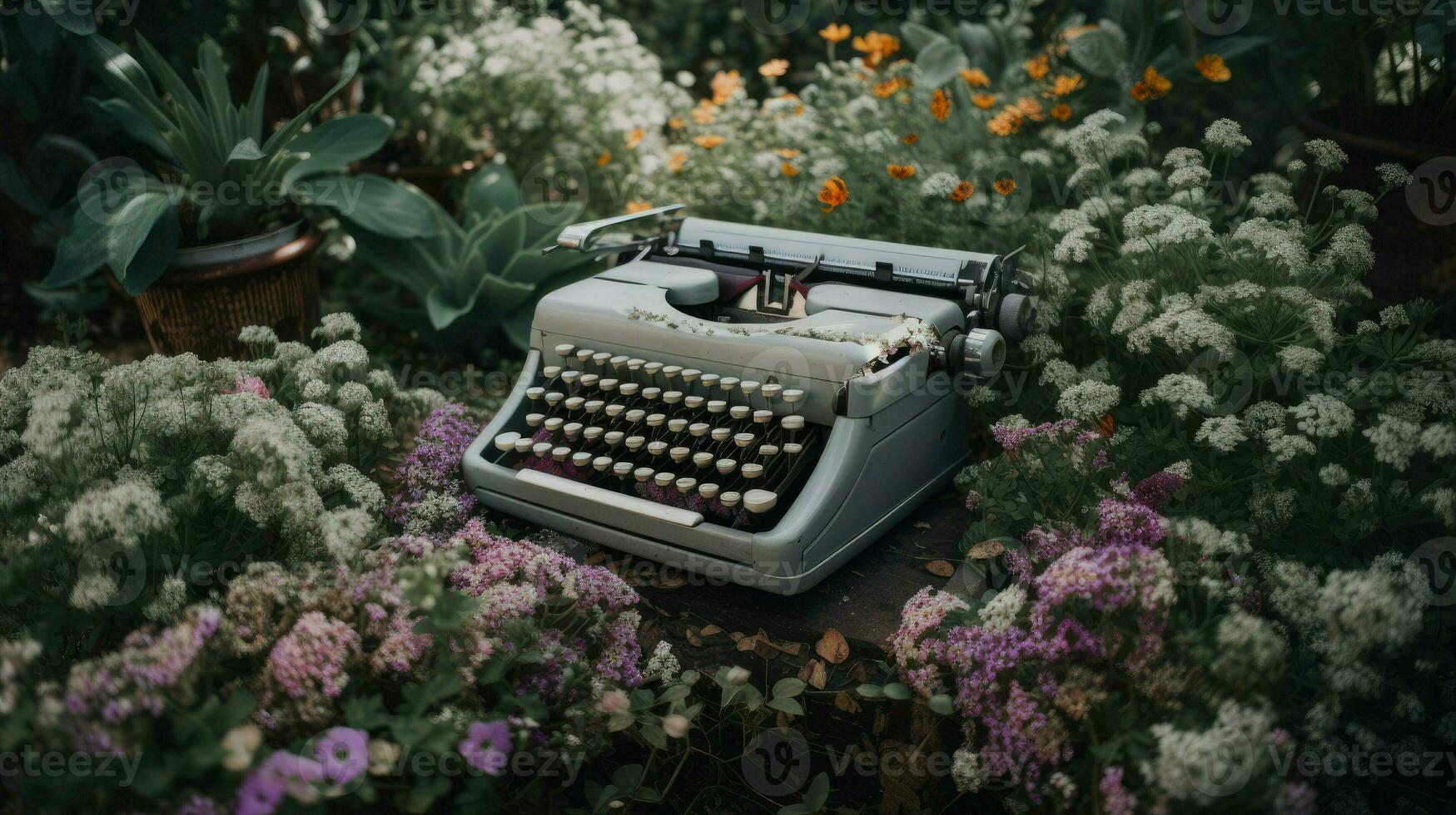 macchina da scrivere e fiori. concetto di creatività, scrivere. retrò Vintage ▾ strumento di poeta e scrittore creato con generativo ai tecnologia foto