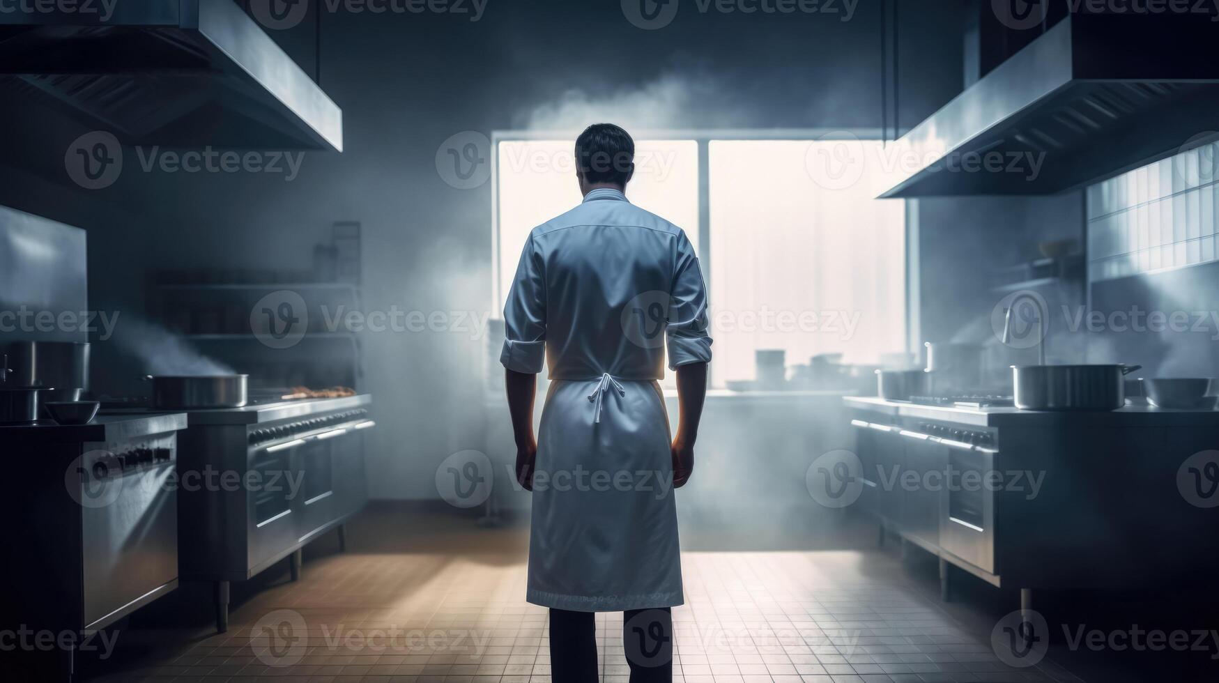 indietro Visualizza di fiducioso maschio capocuoco in piedi nel moderno cucina. generativo ai foto
