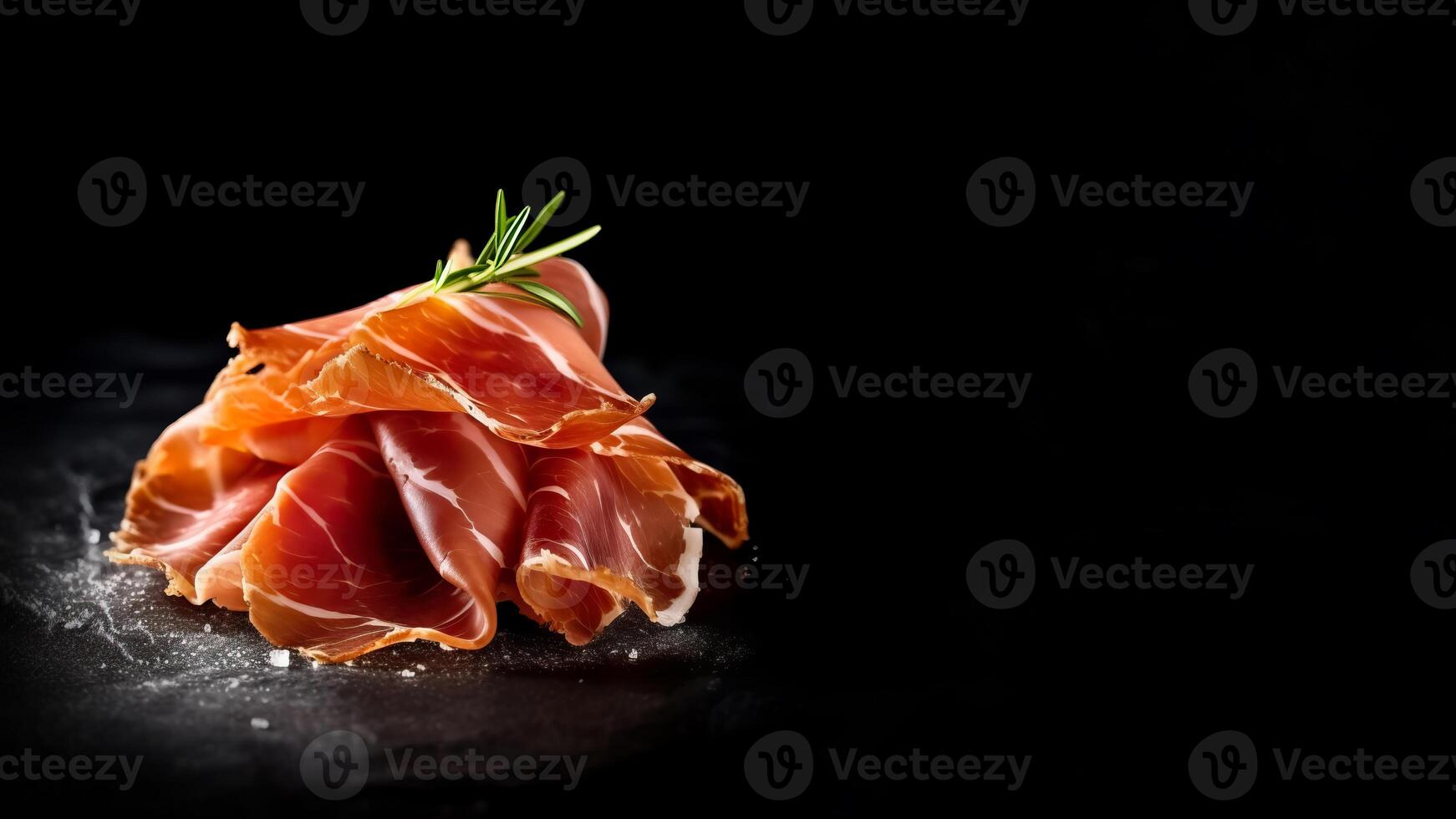 spagnolo jamon prosciutto, prosciutto avvicinamento isolato su nero sfondo copia spazio, generativo ai foto