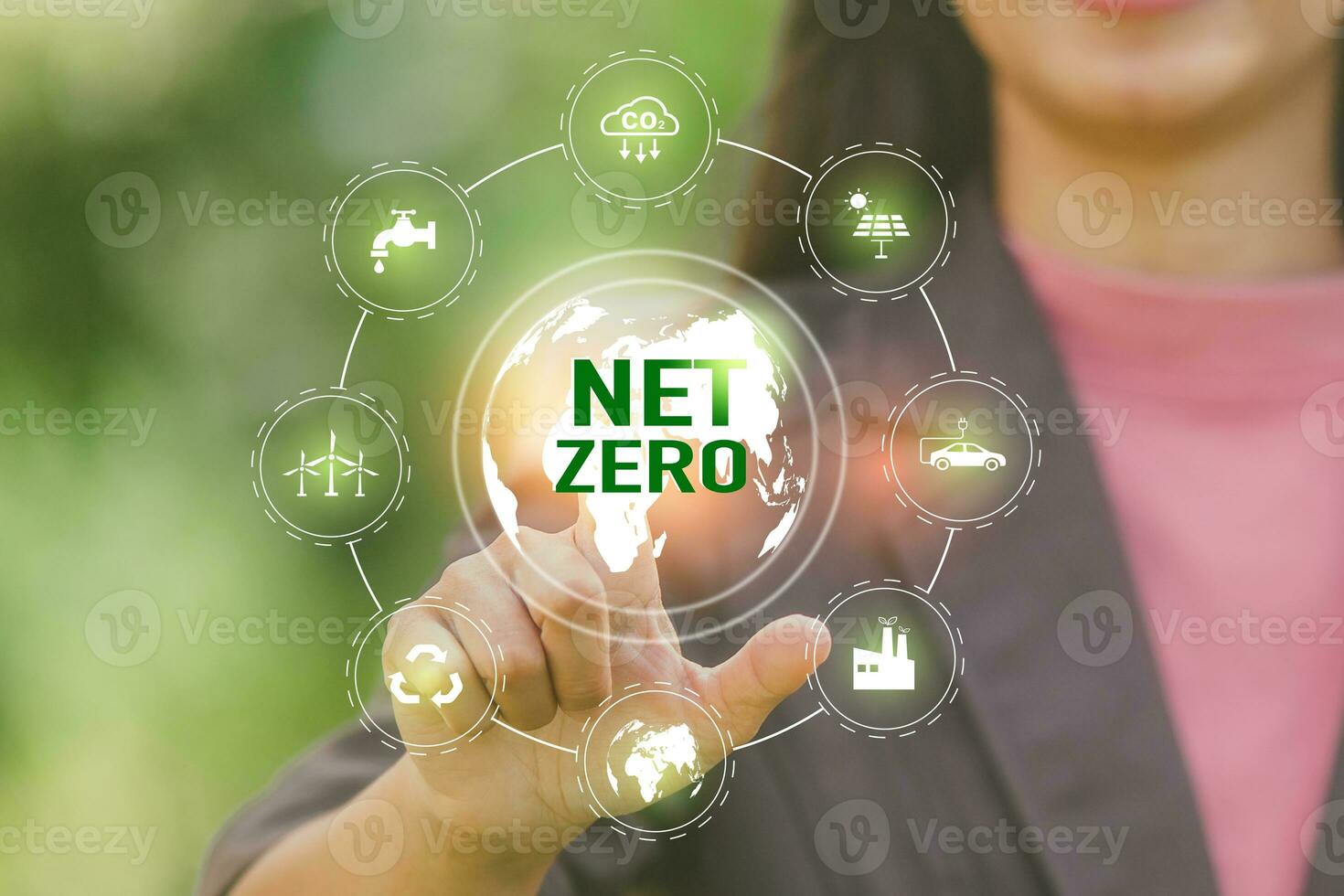 netto zero e carbonio neutro concetti netto zero emissioni obiettivi con un' collegato icona concetto relazionato per netto zero con esagono griglia. foto