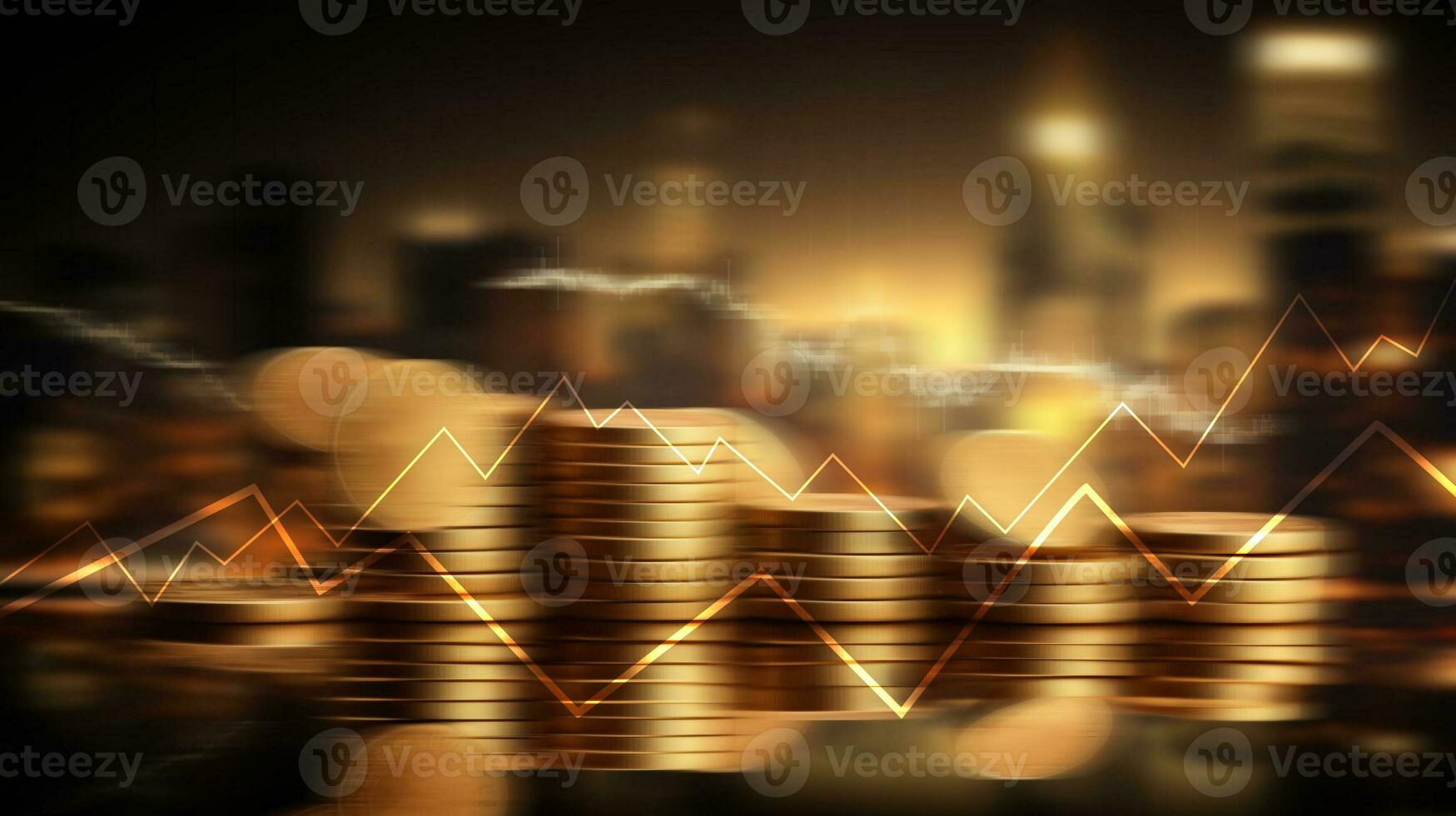 sfocato pila di oro moneta su città sfondo con linea grafico per finanziario e economia fondale concetto. generativo ai foto