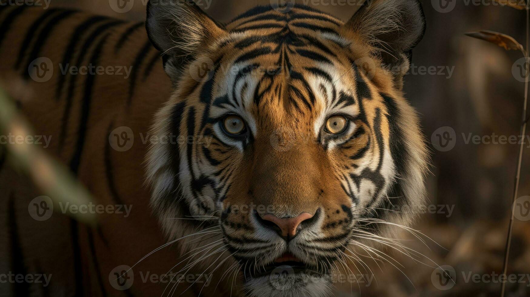 un' Bengala tigre, suo sensi accresciuto, occhi intensamente ispezionando il dintorni per agguato Pericolo foto