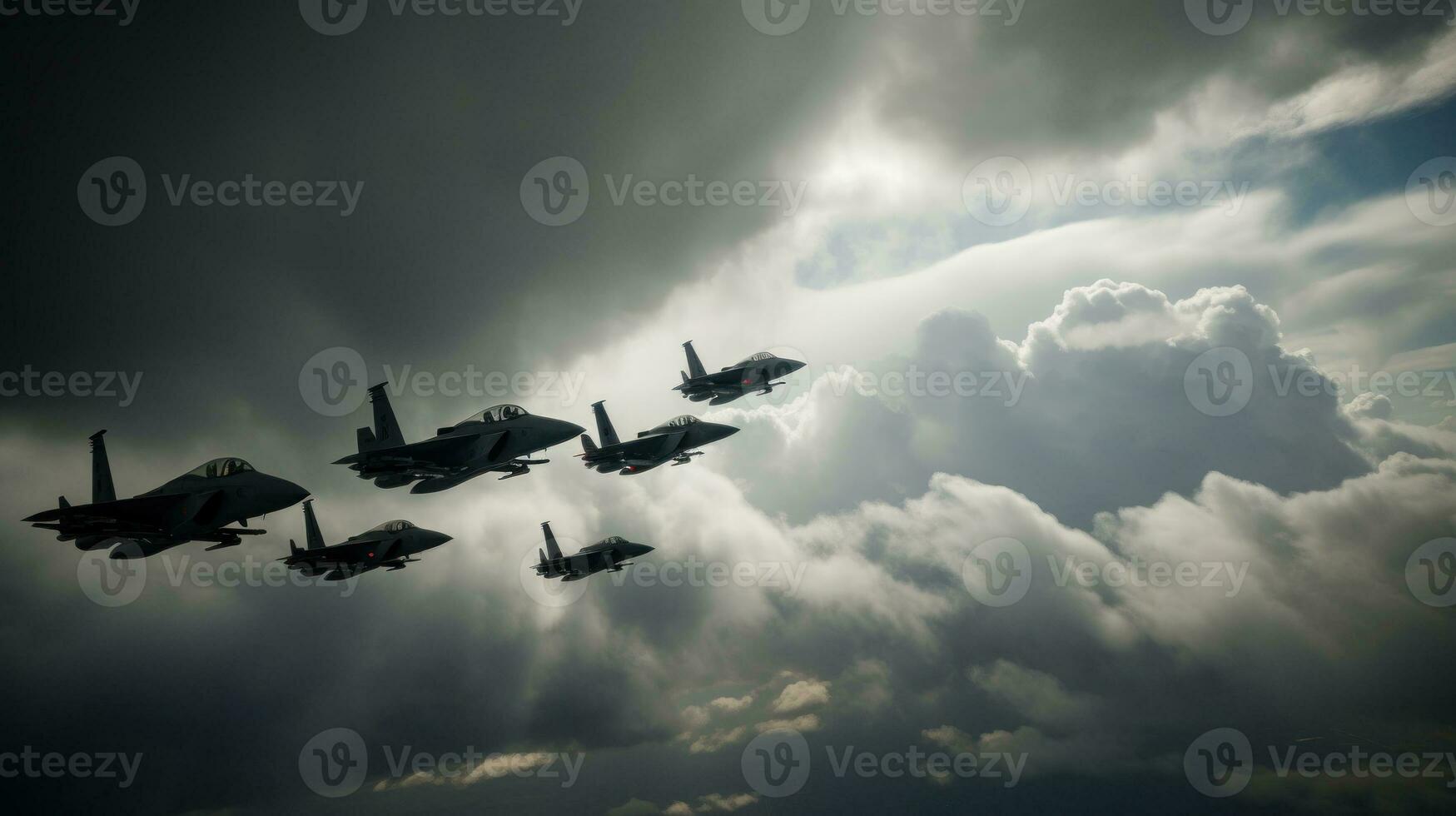 un' squadrone di combattente getti guizzare attraverso un' nuvoloso cielo, in partenza sentieri di bianca Fumo contro il vivace blu tela foto