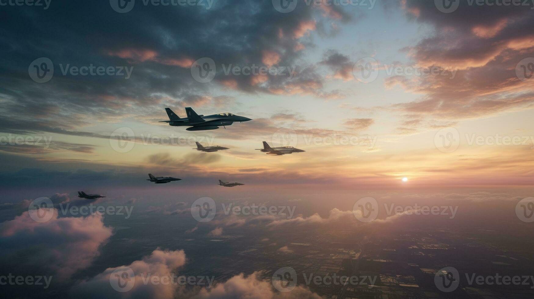 un' squadrone di combattente getti Soaring attraverso un' cielo dipinto con morbido, colori pastello nuvole a tramonto foto
