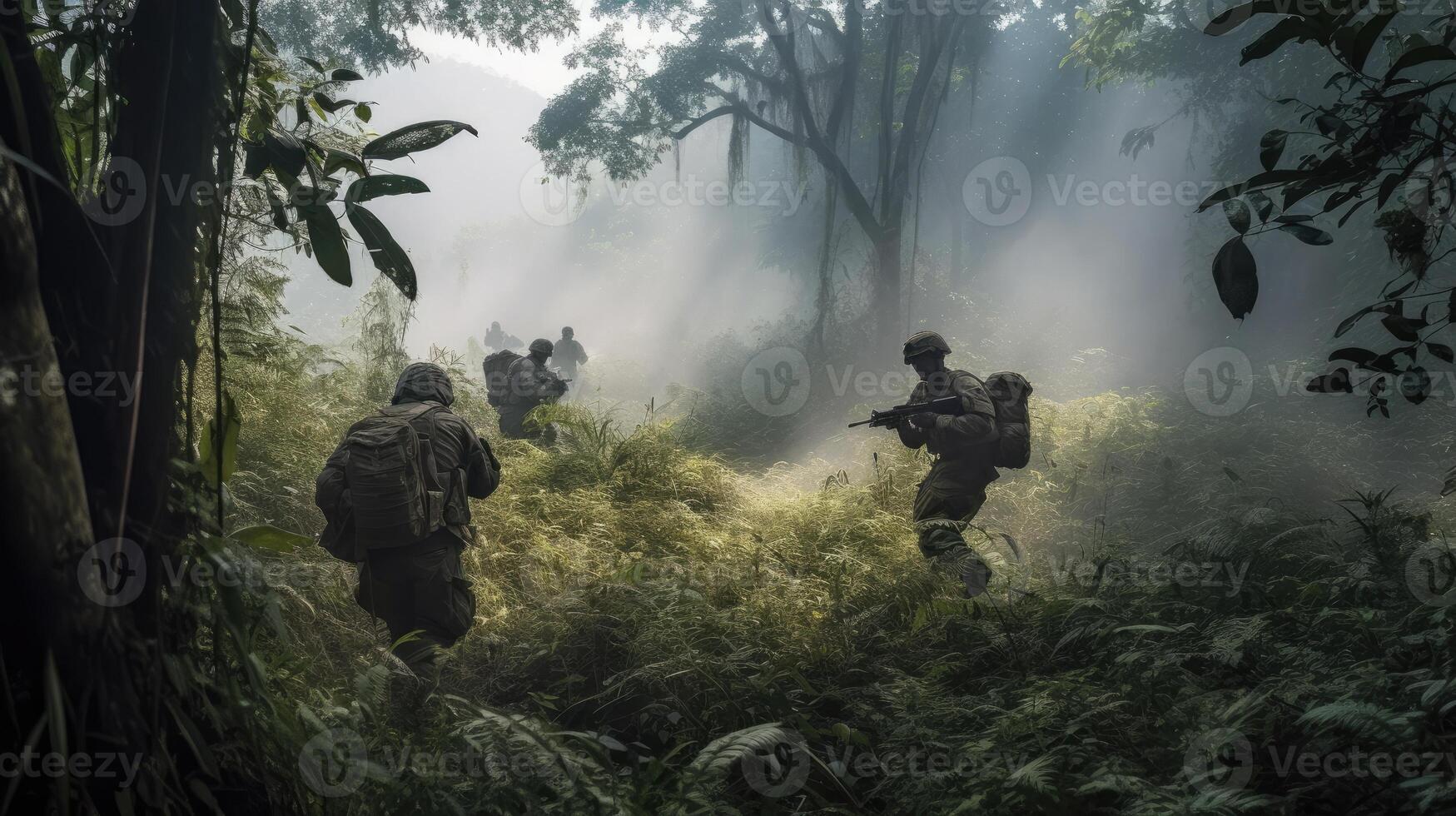 un' squadra di soldati in movimento furtivamente attraverso un' giungla foto