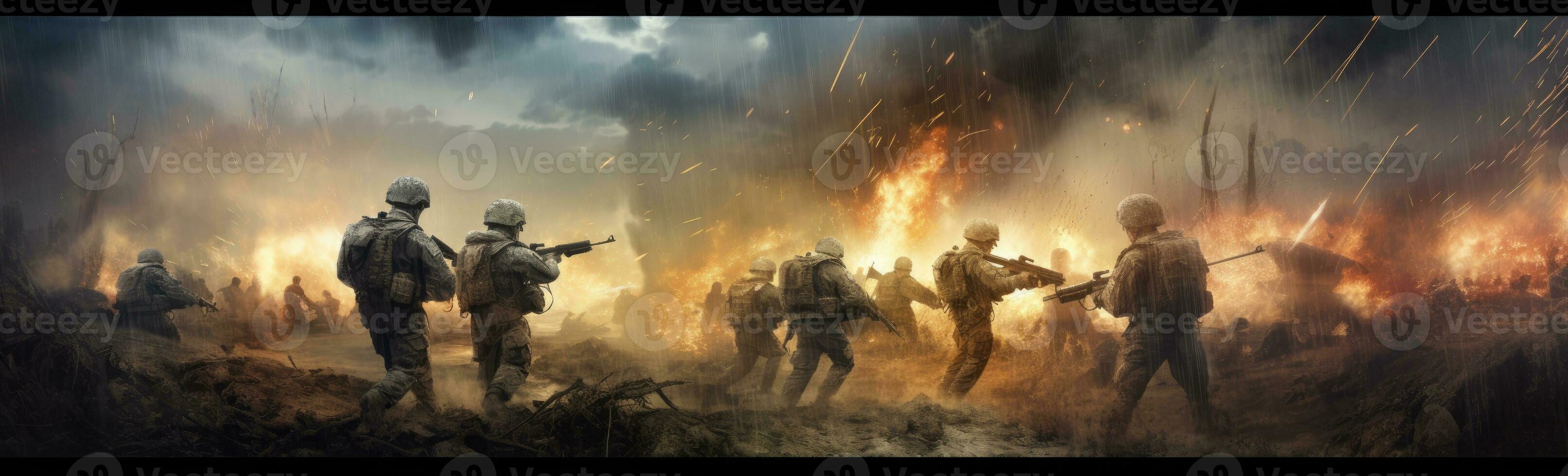 militare uomini a un' campo di battaglia, soldati a guerra, fuoco su il campo di battaglia, squadra di soldati con fucili foto