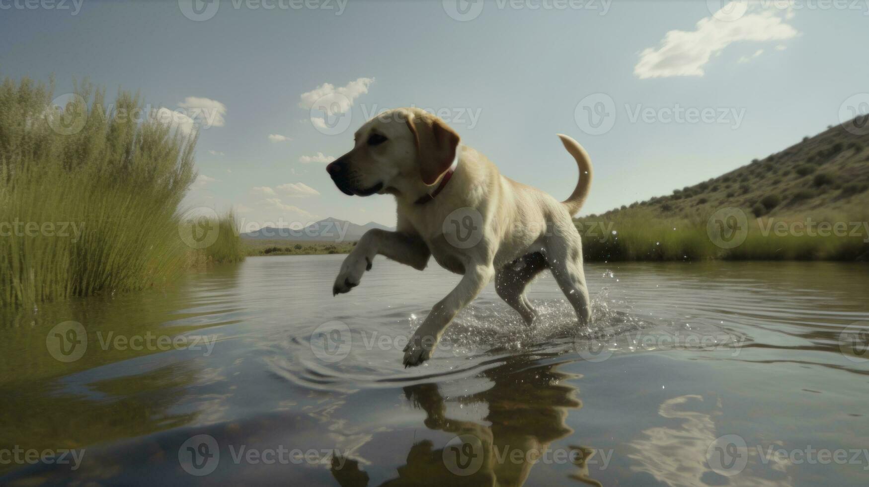 un' labrador cane da riporto immersione in un' lago per andare a prendere un' bastone foto