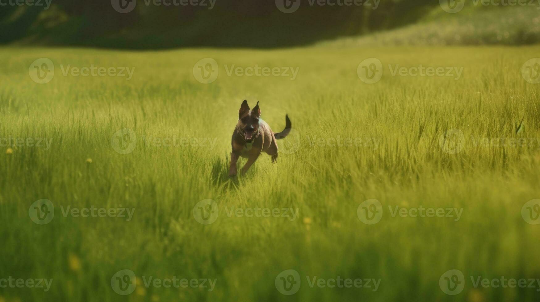 un' cane chasing dopo suo proprio coda nel un' lussureggiante verde campo foto