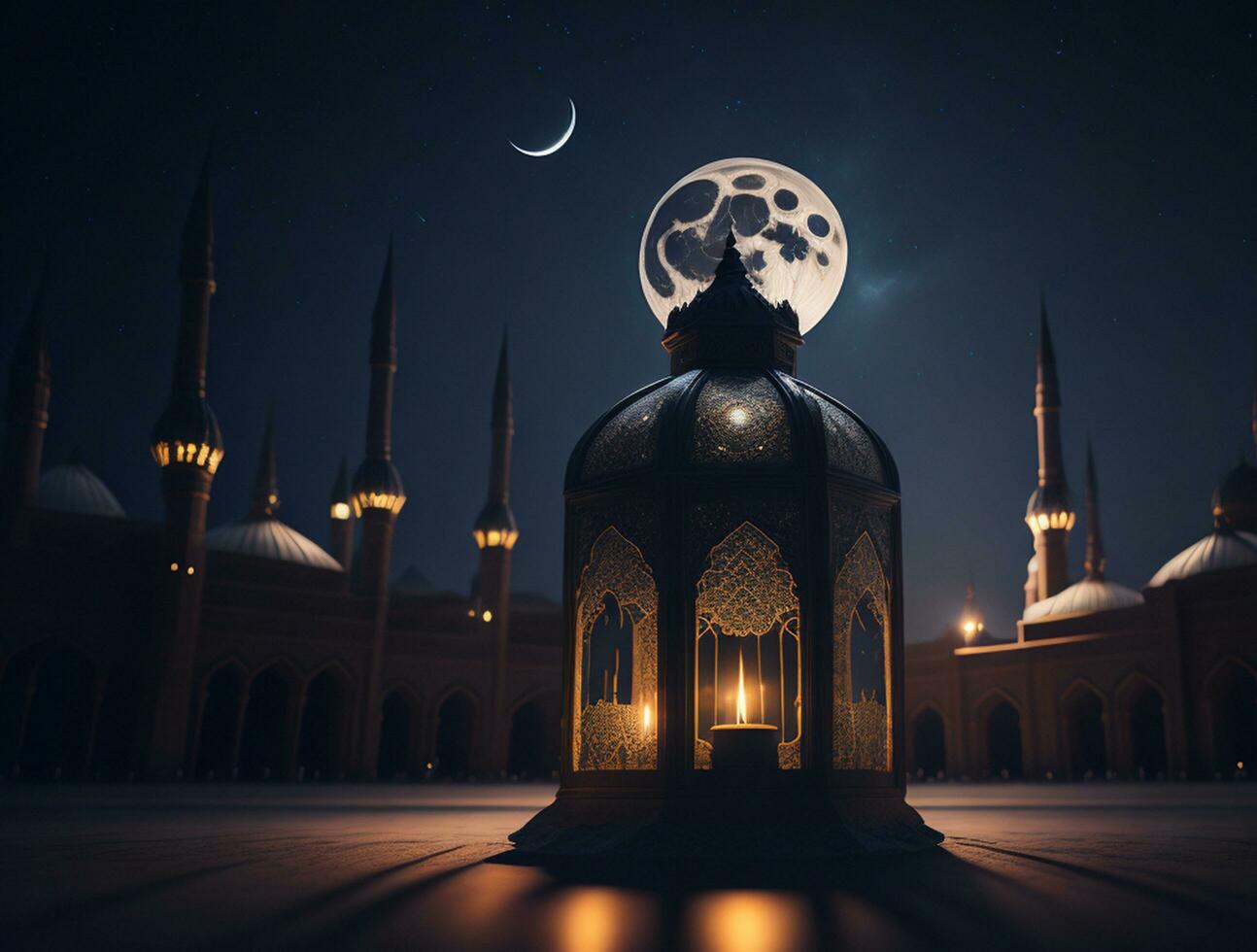 ornamentale Arabo lanterna con ardente candela raggiante a notte. musulmano santo mese Ramadan kareem foto