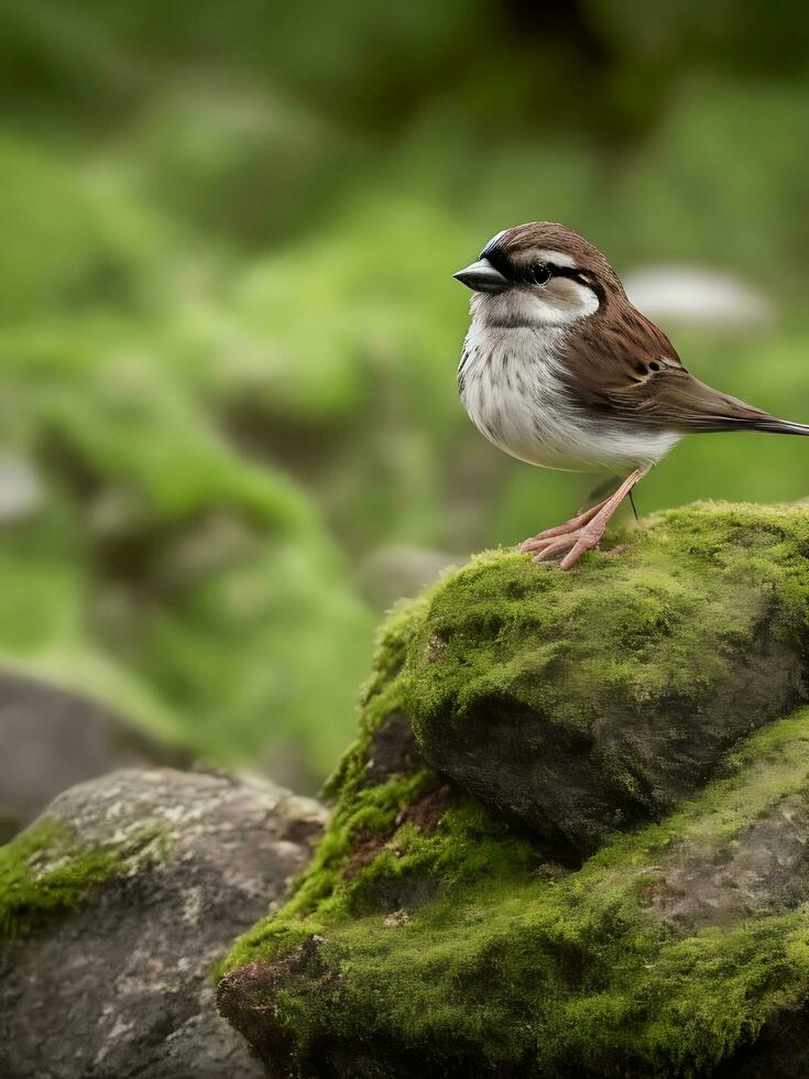 bellissimo tiro di un' vecchio legna passero in piedi su rocce con muschio generato di ai foto