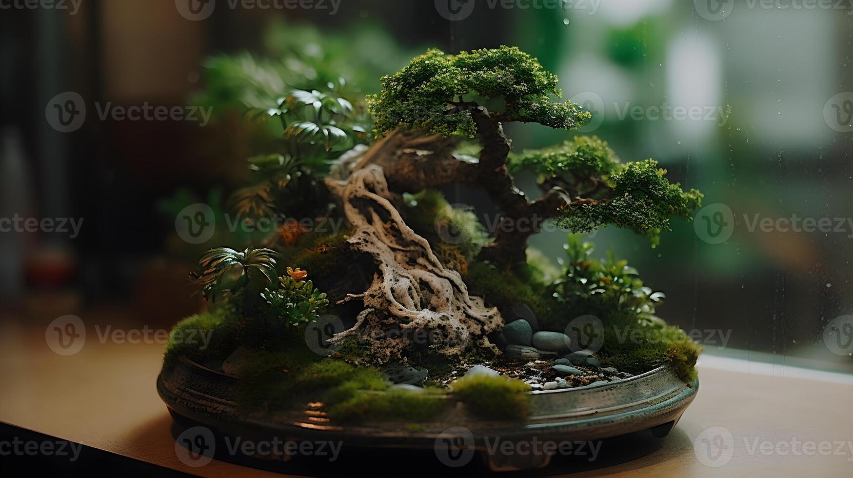 bellissimo Bonsai pianta nel un' terrario Schermo nel un' ceramica pentola interno, pioggia al di fuori di il camera. ai generato foto