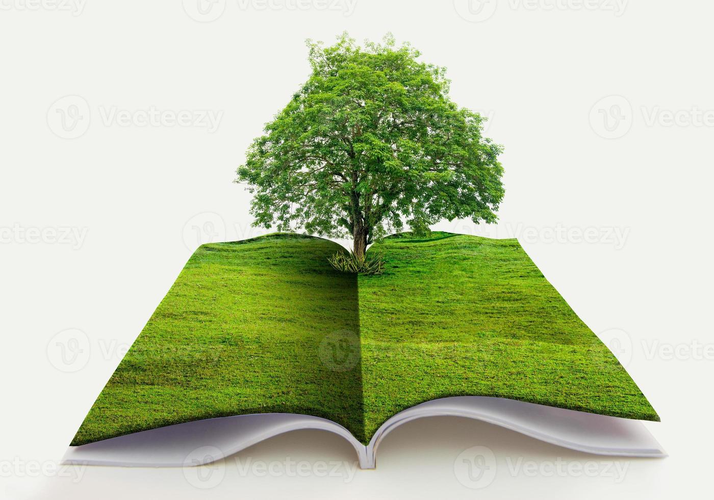 libro della natura isolato su bianco libro aperto nel concetto di riciclaggio della carta rendering 3d libro della natura con erba e crescita degli alberi su di esso su sfondo bianco blu foto
