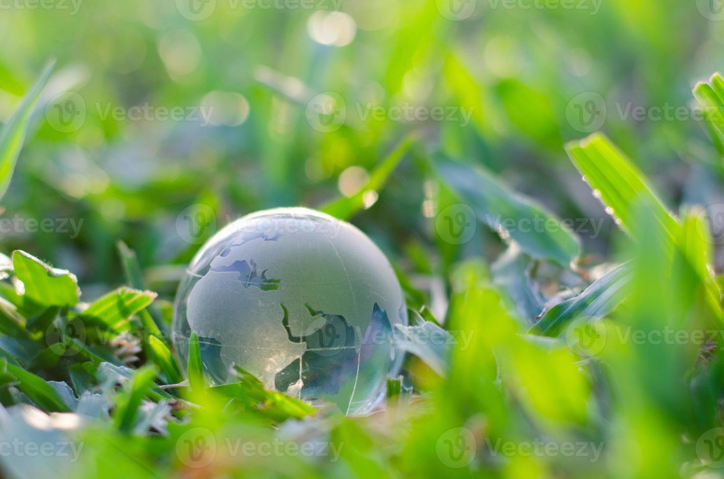 concetto salva il mondo salva ambiente il mondo è nell'erba dello sfondo verde bokeh foto